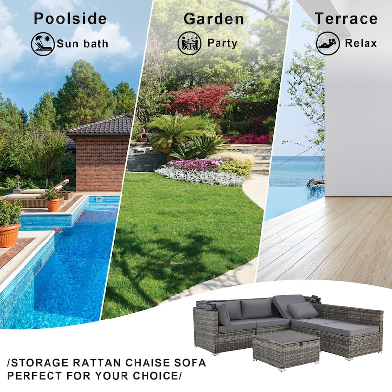 EROMMY 6-Piece Patio Furniture Set, Rattan Daybed with Canopy and Adjustable Backrest