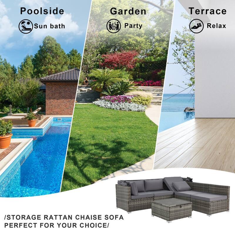 Erommy 6-Piece Patio Set - Rattan Daybed with Canopy & Adjustable Backrest