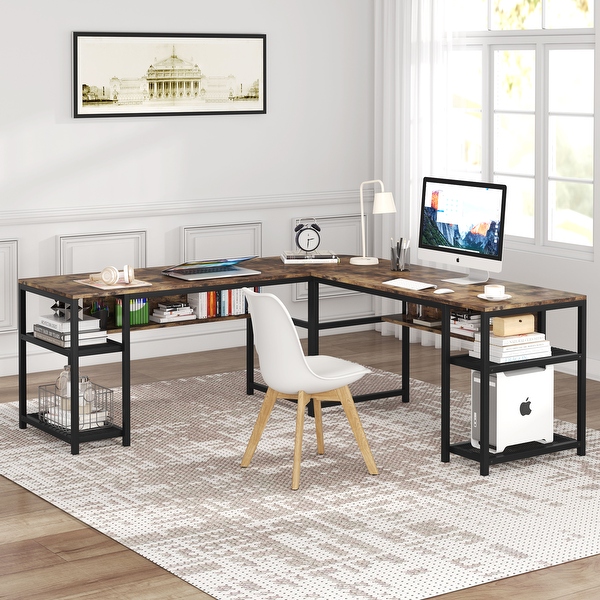 L Shaped Desk with Monitor Shelf Reversible Corner Computer Desk