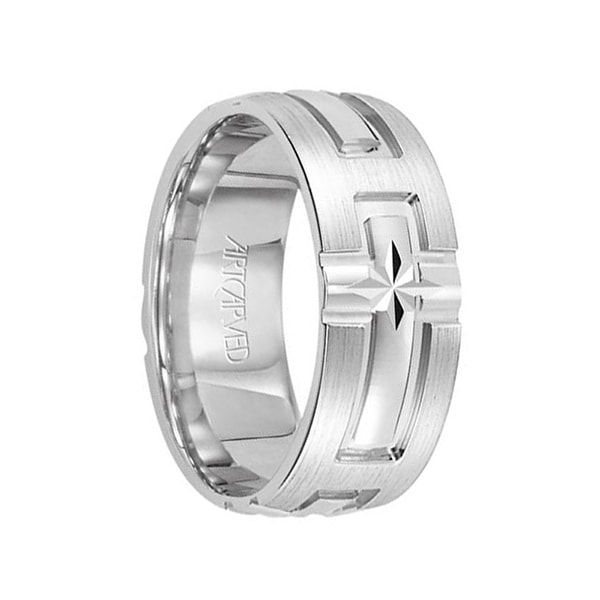 Cathedral 14k White Gold Wedding Band Engraved Cross Design Cathedral 14k White Gold Wedding Band Engraved Cross Design Brushed Finish Flat Edges By Artcarved