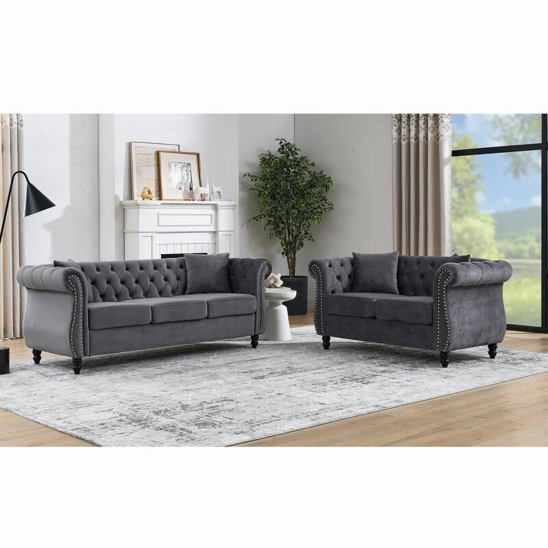 Velvet Chesterfield Sofa Set with Nailhead Trim and Tufted Low Back
