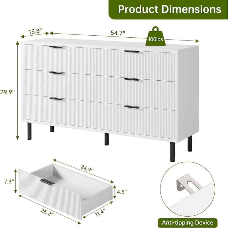 Fluted 6 Drawer Double Dresser for Bedroom Living Room Hallway