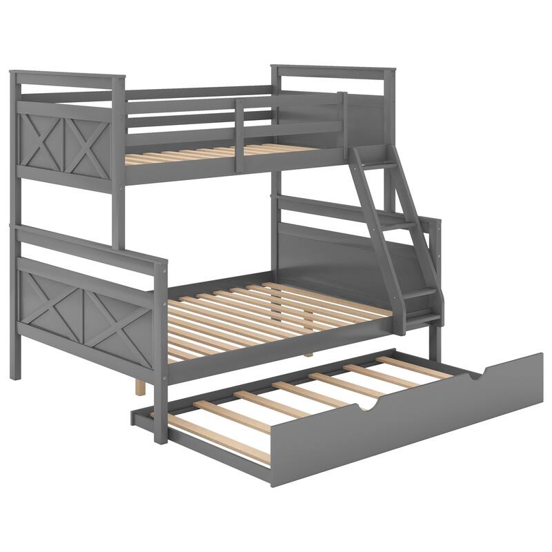Gray Twin over Full Bunk Bed with Inclined Ladder and Trundle