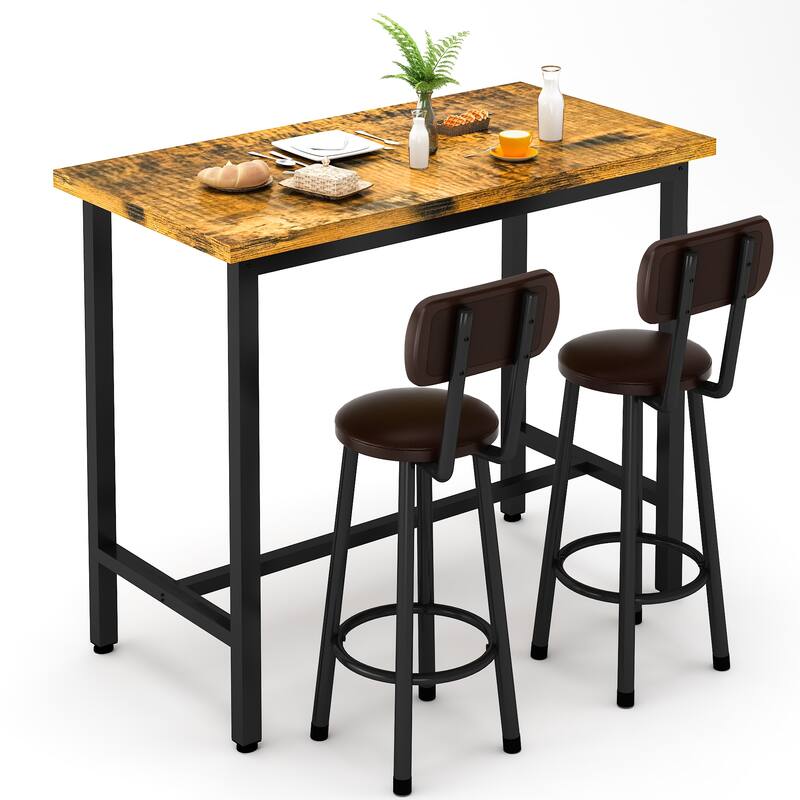2 - Person Breakfast Nook Dining Set, Rectangular Pub Bistro Table and 2 Upholstered Chairs with Back for Home Kitchen