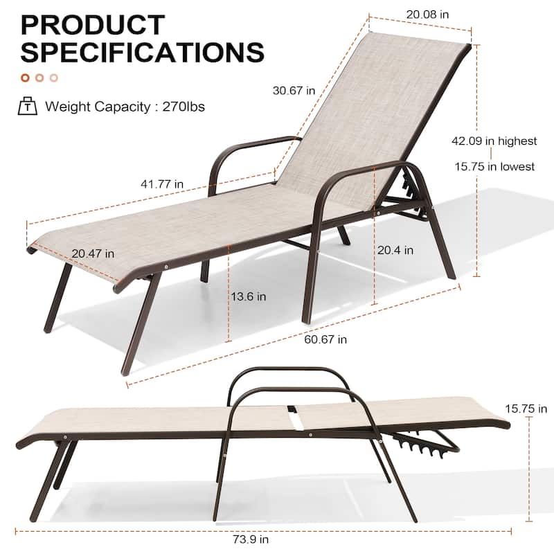 Set of 2/4 Lounge Chairs Outdoor Chaise Lounge with Arms and Adjustable Back