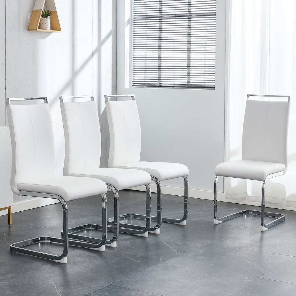 Modern PU Faux Leather High Back Dining Chairs with C-shaped Tube Chrome Metal Legs