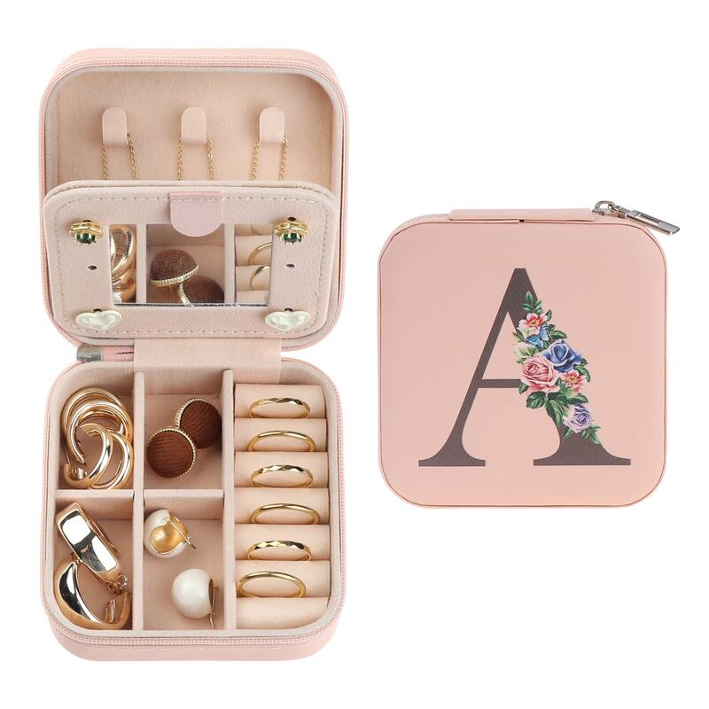 Portable Jewelry Box with Mirror, Mini PU Leather Jewelry Organizer Boxes Storage Display Holder - Pink