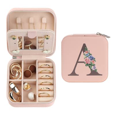 Portable Jewelry Box with Mirror, Mini PU Leather Jewelry Organizer Boxes Storage Display Holder - Pink