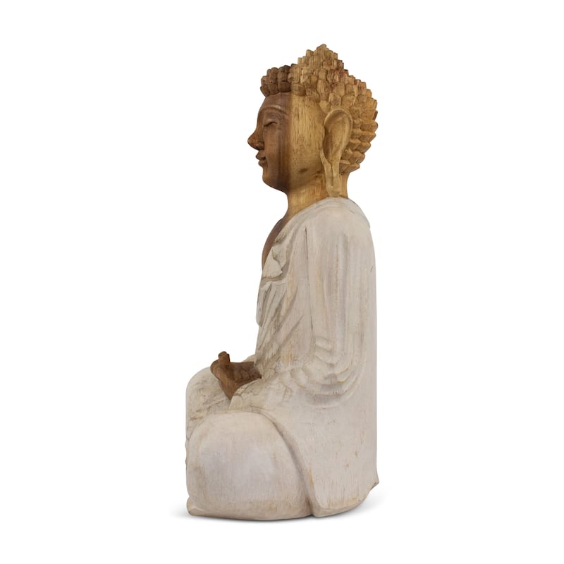 Wood Buddha Statue Hand Carved Whitewashed Dhyana Mudra Sculpture, Zen Meditation Decor