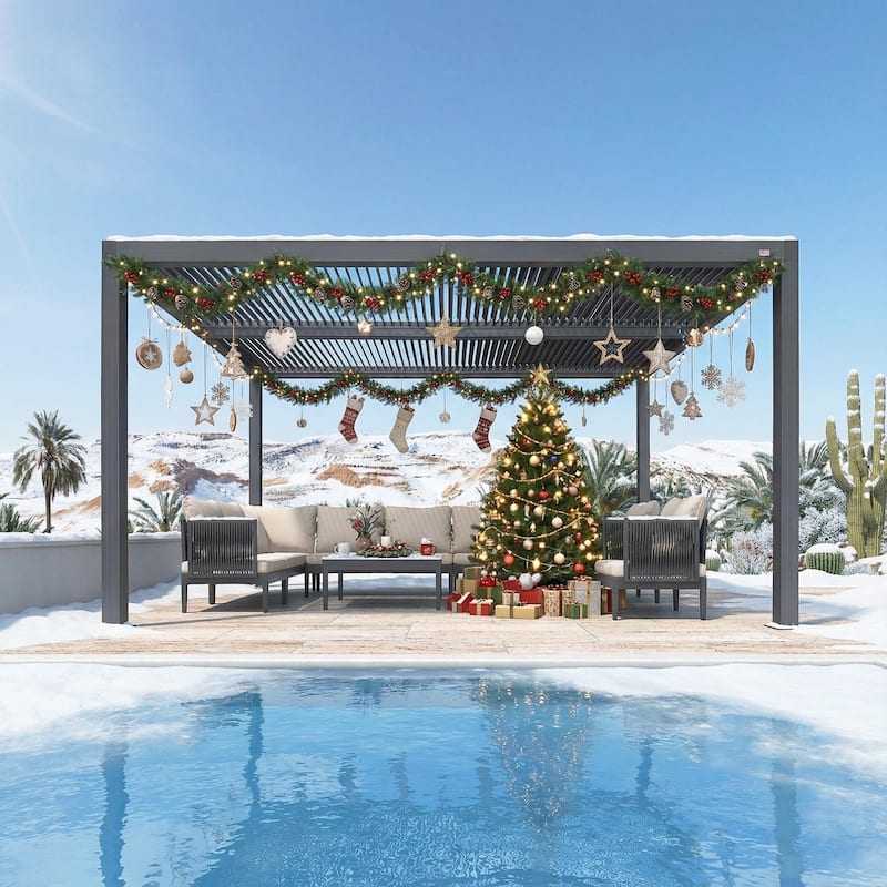 PURPLE LEAF Grey Louvered Pergola Outdoor Aluminum Pergola with Adjustable Roof for Patio Grey Hardtop Gazebo