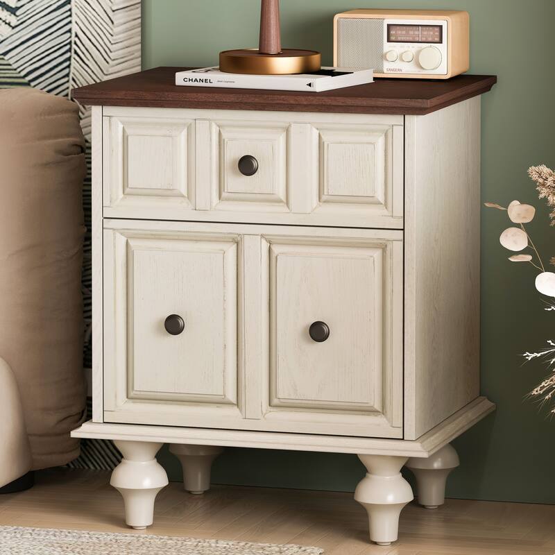 20.47"Vintage Nightstand with 2 Drawers and Roman Column Legs, Solid Wood Bedside End Table, Bedside Cabinet