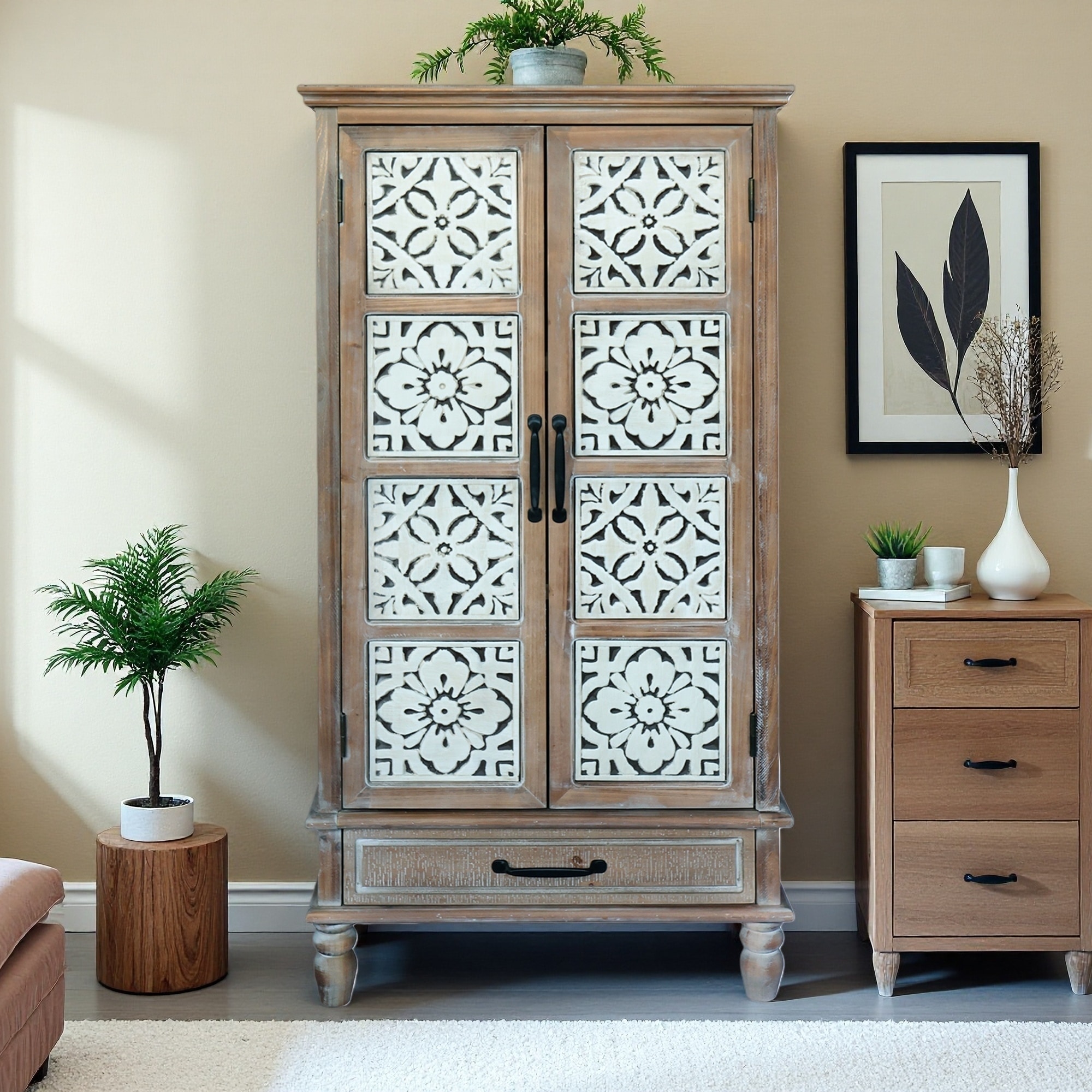 55.12" Wood 2-Door 1-Drawer Tall Tower Storage Cabinet with Distressed Design for Kitchen, Living Room, or Dining