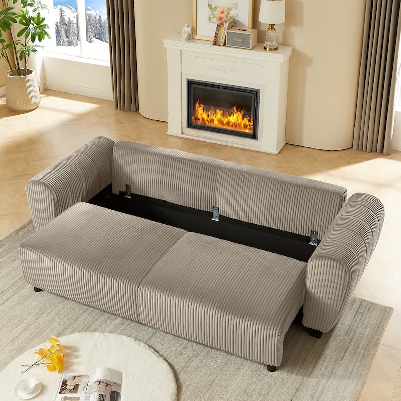 92.1"Corduroy 3-Seater Sofa with 2-in-1 Convertible Design, Built-In Storage Compartments