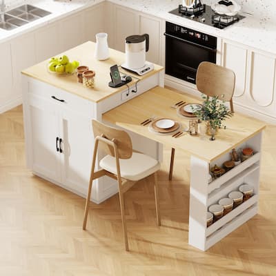 Rolling Kitchen Island w/Extendable Dining Table, Wooden Cupboard Spice Storage Cabinet w/Charging Station & 2 Side Open Shelves