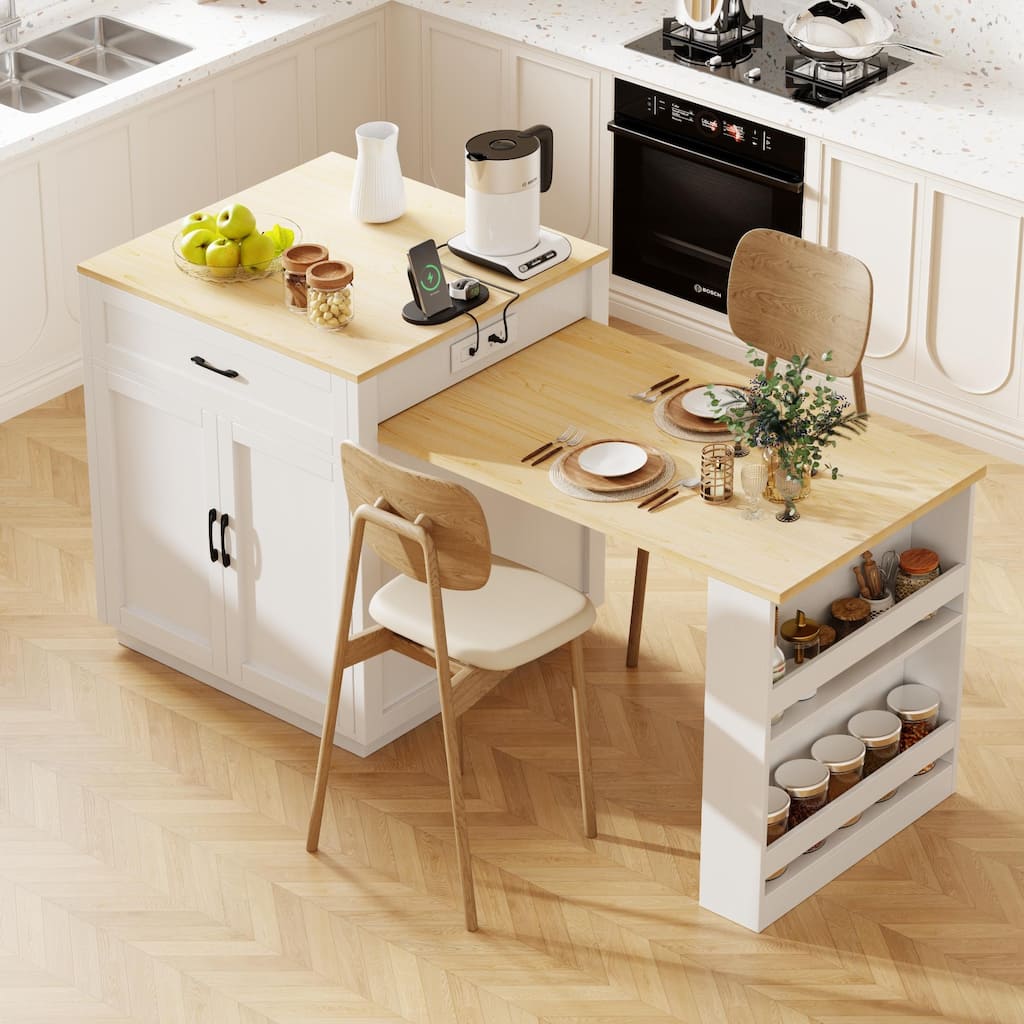 Rolling Kitchen Island w/Extendable Dining Table, Wooden Cupboard Spice Storage Cabinet w/Charging Station & 2 Side Open Shelves