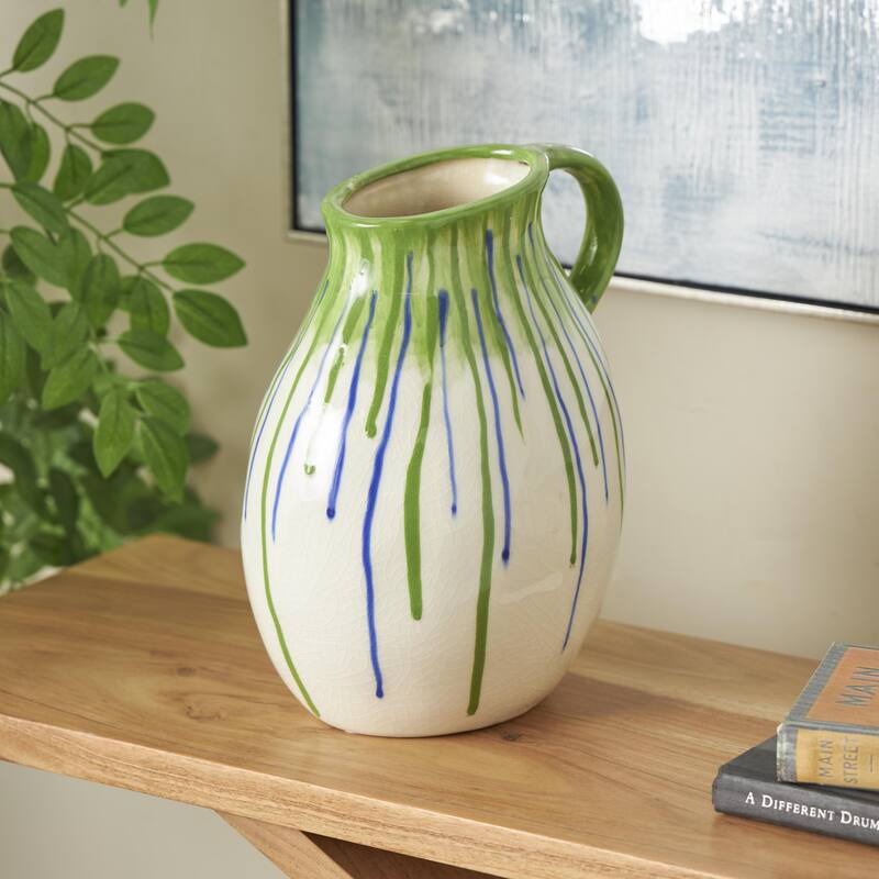 White Ceramic Abstract Decorative Vase with Green and Blue Drip Design and Handle - White - 9"W, 11"H