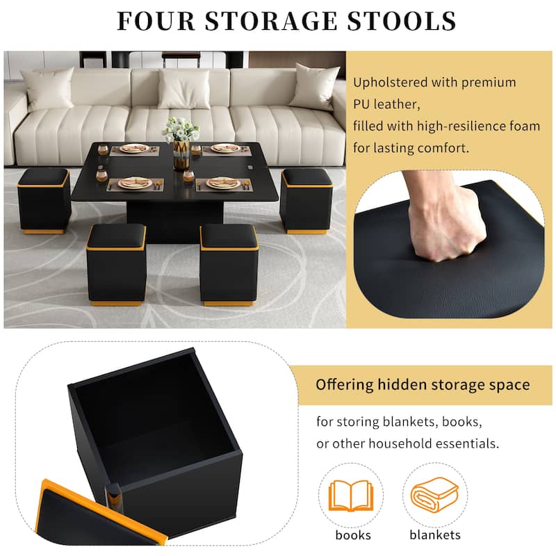 Lift-Top Coffee Table with 4 Stools - Space-Saving, Foldable, Multi-Functional