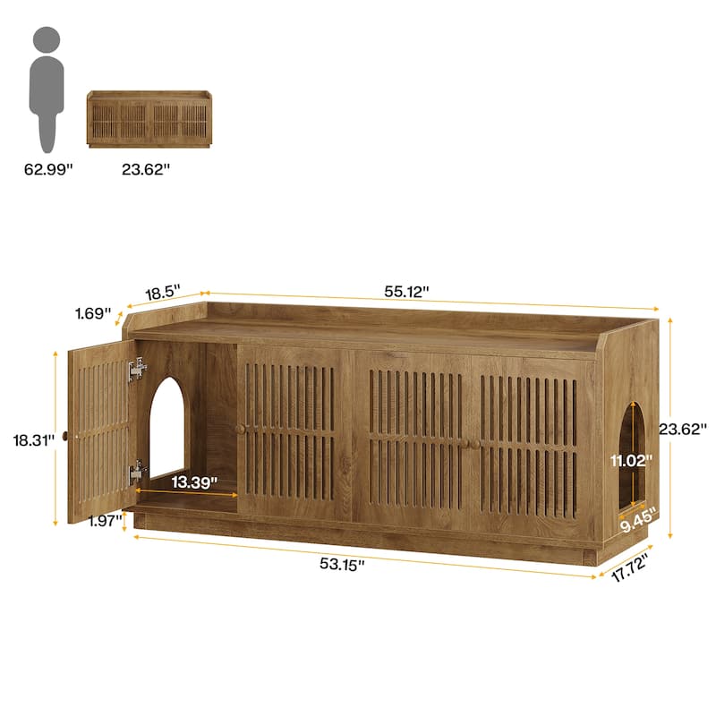 55-Inch Extra Large Cat Litter Box Enclosure with 2 Cabinets