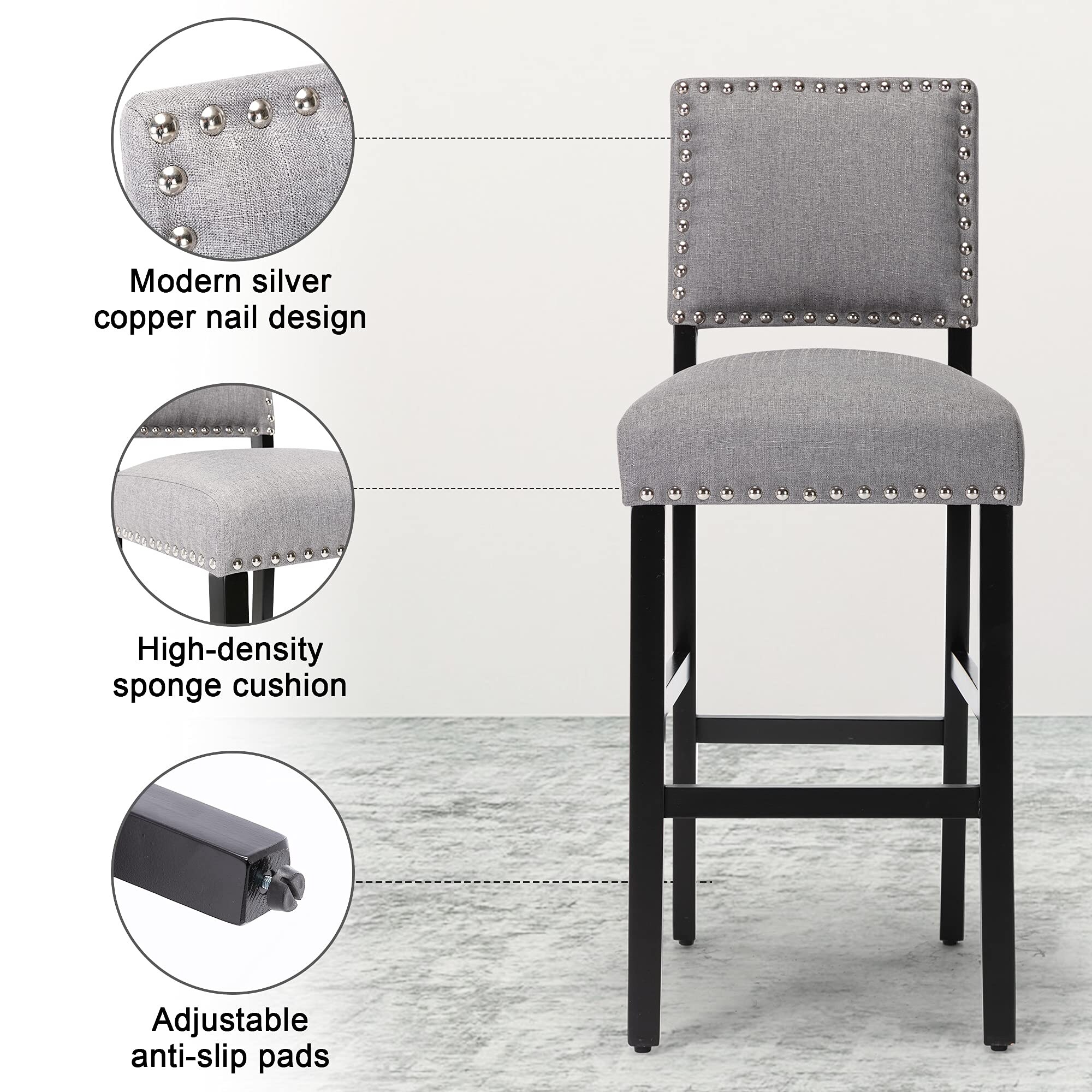 GOTMINSI Gray Fabric Bar Stools with Nailhead Trim for Kitchen
