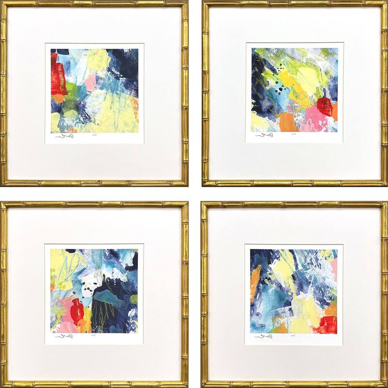 HomeRoots Set Of Four Vibrant Modern Abstract Watercolor Gold Framed Wall Art