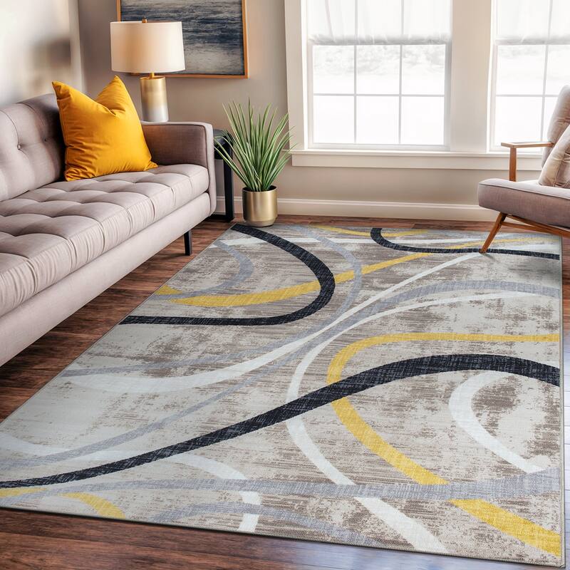 Contemporary Distressed Abstract Lines Non Slip Area Rug - Yellow - 7' 10" x 10'