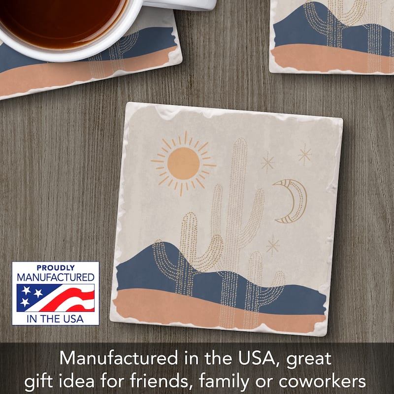 Cactus Dream 4 Pack Absorbent Stone Coasters with Cork Backing 4" Square Made in The USA Absorbent Wipes Clean