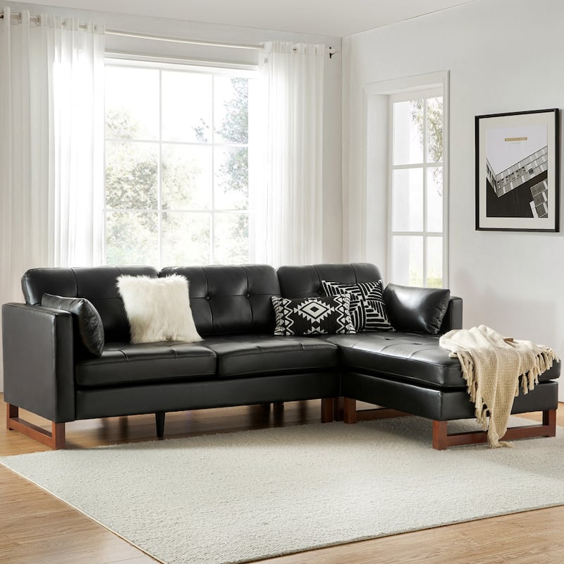 Frances Mid-century Style Genuine Leather Sectional Sofa and Chaise with Soild Wood Legs by HULALA HOME - Black - Right Facing