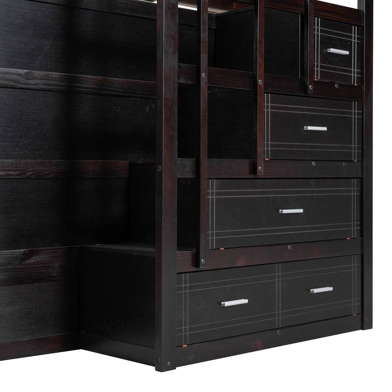 Full Over Full Bunk Bed with Storage Drawers and Multifunctional Staircase