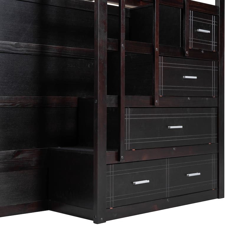 Twin/Full Size Bunk Bed with Trundle Bed and Storage Staircase, Solid Pinewood Bunk Bed Frame with Safety Guardrail