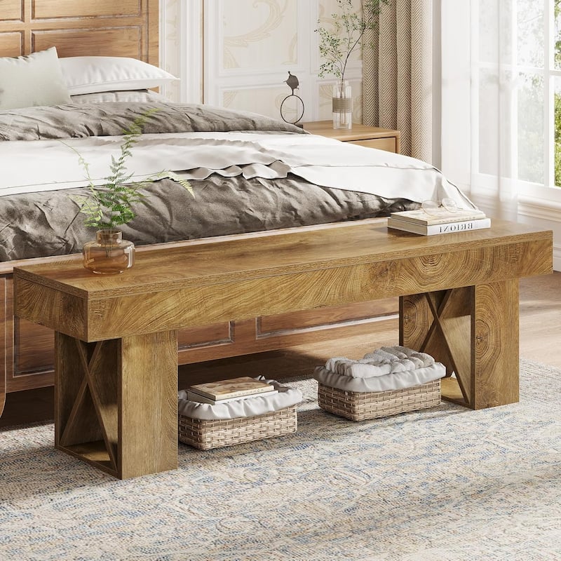 55" Extra Long Entryway Bench, Farmhouse Wooden Entry Shoe Bench Seat for Hallway, Bedroom, Living Room, Brown