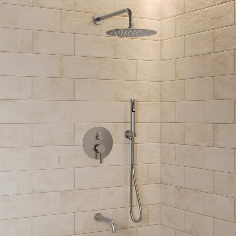GRANDJOY 3-Function Bathroom Shower System with Rainfall Head, Handheld Unit, and Tub Spout - Brushed Nickel