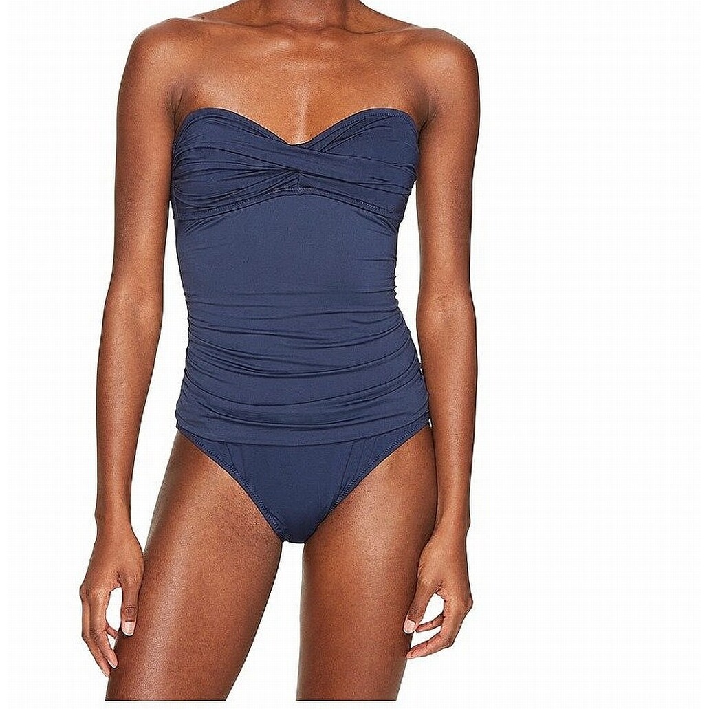 blue strapless swimsuit