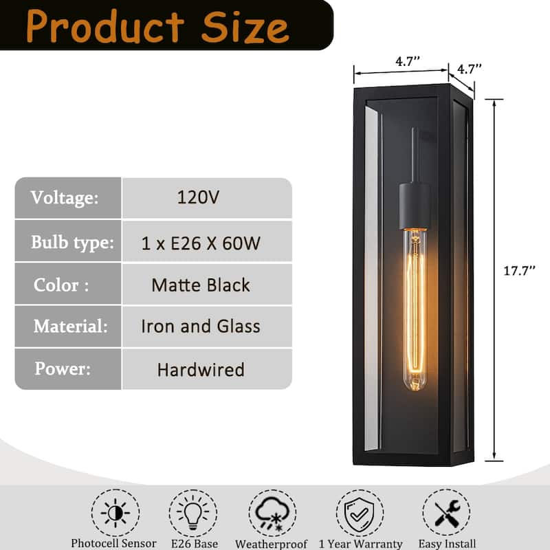 H18" Modern Minimalist Black Outdoor Wall Lantern with Clear Glass Dusk to Dawn Outdoor Exterior Wall Light(2 Pack) - W5"