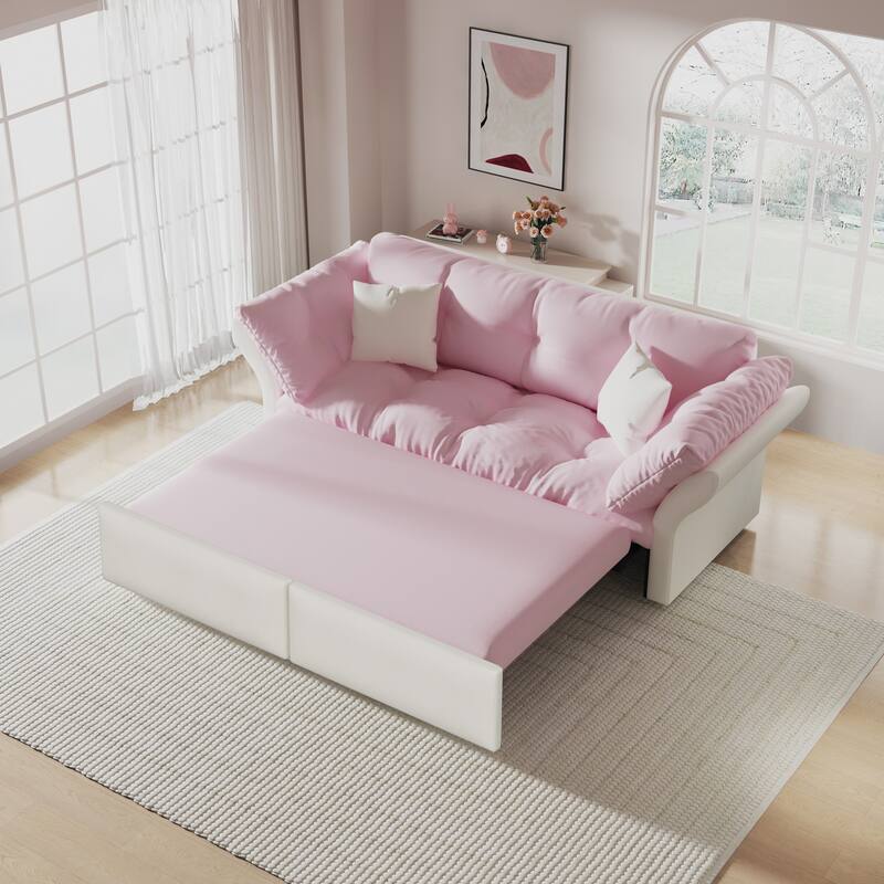 74.8" Queen Pull Velvet Out Sofa Bed, 3-in-1 Convertible Sleeper Tufted Sofa with 2 Soft Pillows-Pink
