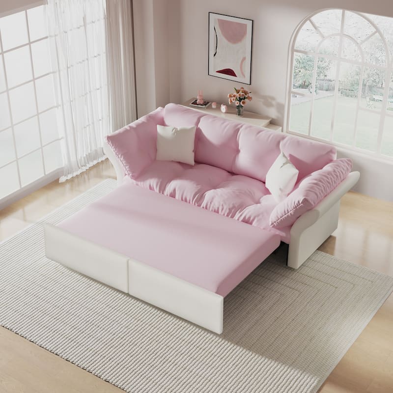 74.8" Queen Sleeper Sofa - 3-in-1 Tufted Velvet Loveseat with Pull-Out Bed & 2 Pillows, Multi-Functional