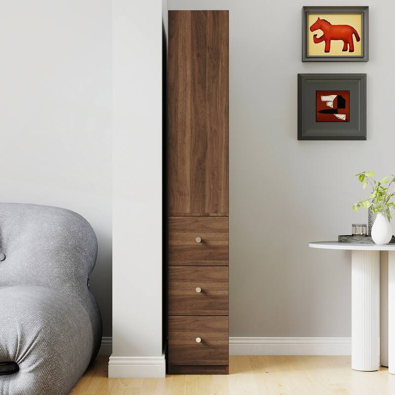 Modern Wooden Tall Display Storage Cabinet with 4-Tier Shelves and 3 Side Drawers for Living Room and Home Office
