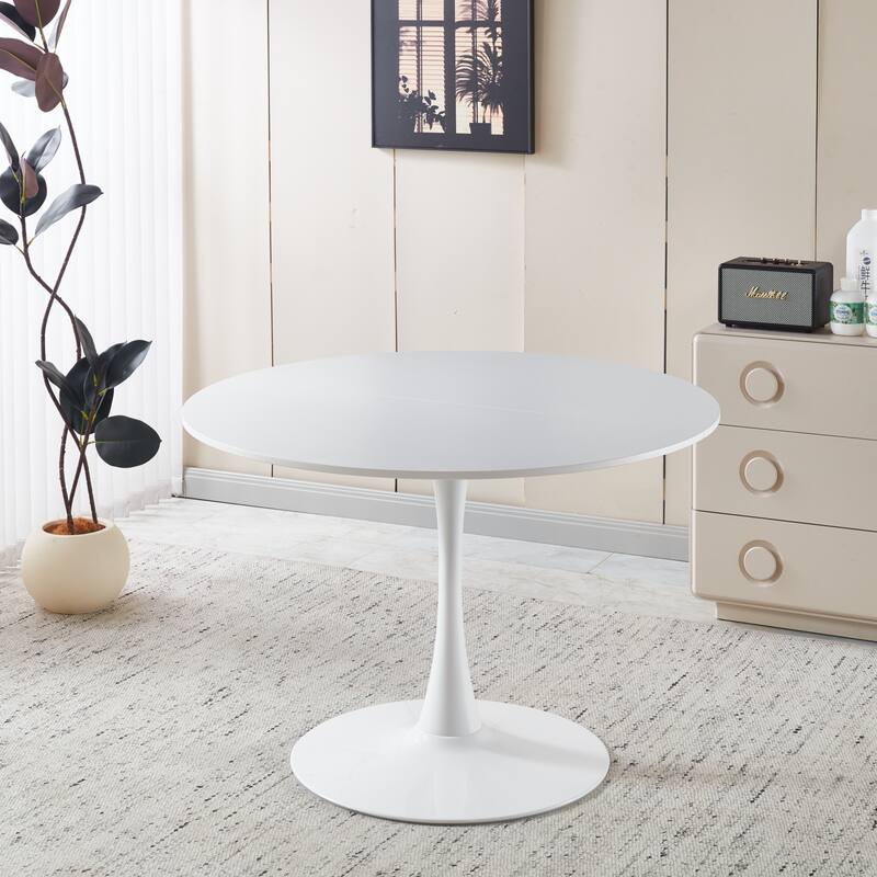 Modern Round Dining Table for 4-6 People, Tulip Table with MDF Top & Metal Pedestal Base for Dining Room, Kitchen, Living Room - White