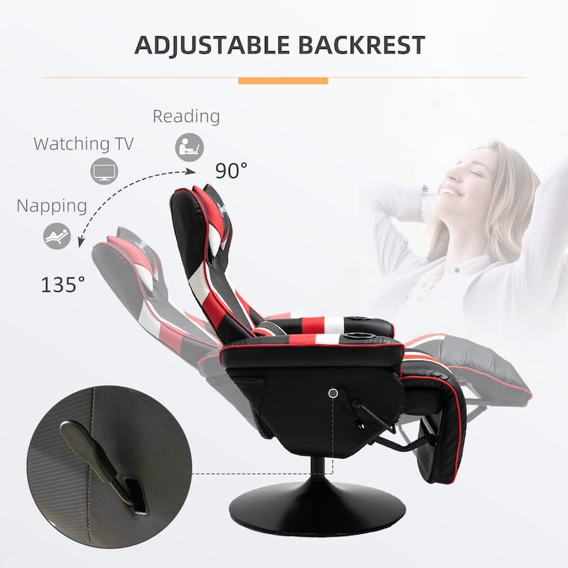 360° Swivel Racing Style Gaming Recliner Chair with Lumbar Support, Footrest and Dual Cup Holders for Game Room