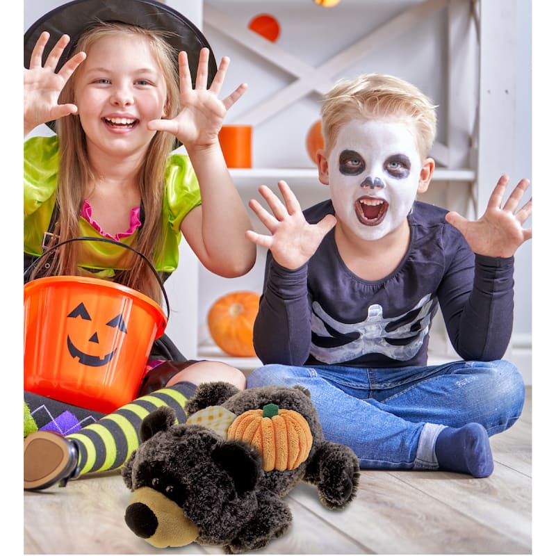 DolliBu Super Soft Lying Black Bear Stuffed Animal with Pumpkin Decor - 9 inches