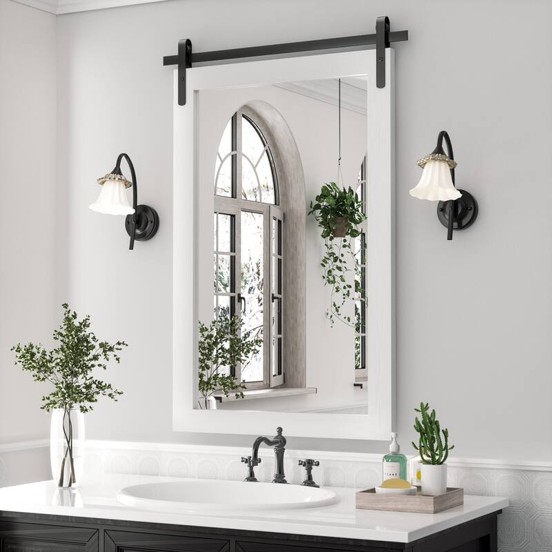 Modern Wall Mirrors, Rectangular Mirror with Wood Framed, Bathroom Mirror Barn Mirror Barn Door Mirror with Multi Size - 24W * 36H Inches - White