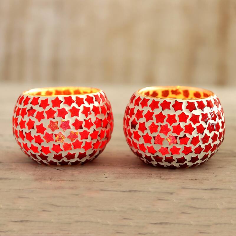 Novica Handmade Burning Stars Glass Mosaic Tealight Holders (Pair)