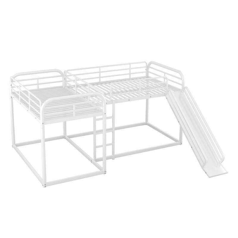 Full and Twin L-Shaped Metal Bunk Bed with Slide, Ladder, and Guardrails for Kids