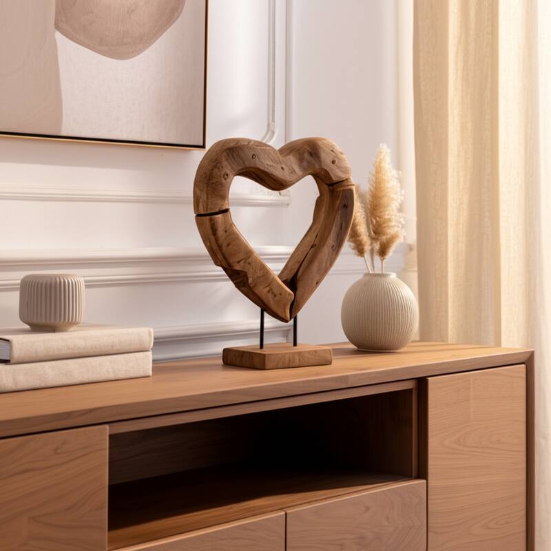 Teak Wood Heart Sculpture Natural Texture Rectangular Base - 15" Brown - 11.25" x 4" x 14.5"