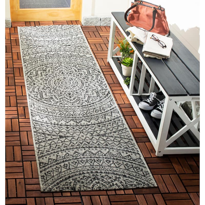 SAFAVIEH Courtyard Fran Mandala Indoor/ Outdoor Waterproof Patio Backyard Rug - 2'3" x 8' Runner - Light Grey/Black