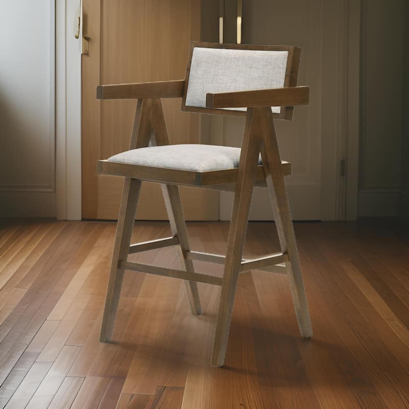 26 Inch Walnut Counter Stool Chair Set of 2, Soft Beige Fabric Upholstery