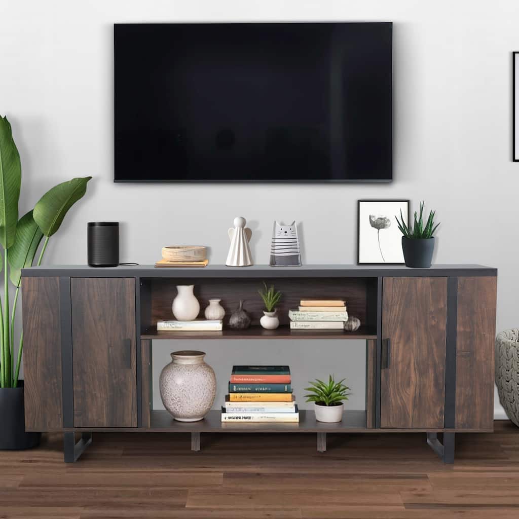72" Farmhouse Walnut Wood Console TV Stand with Adjustable Shelves