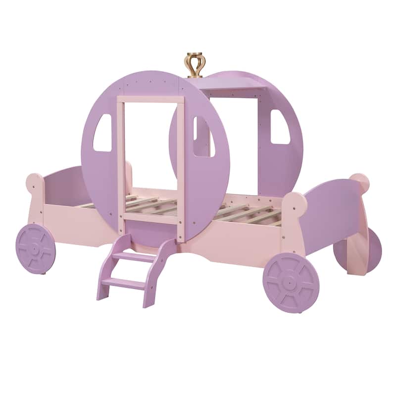 Twin Size Princess Carriage Bed with Crown, Wood Platform Bed with Stairs, Purple and Pink