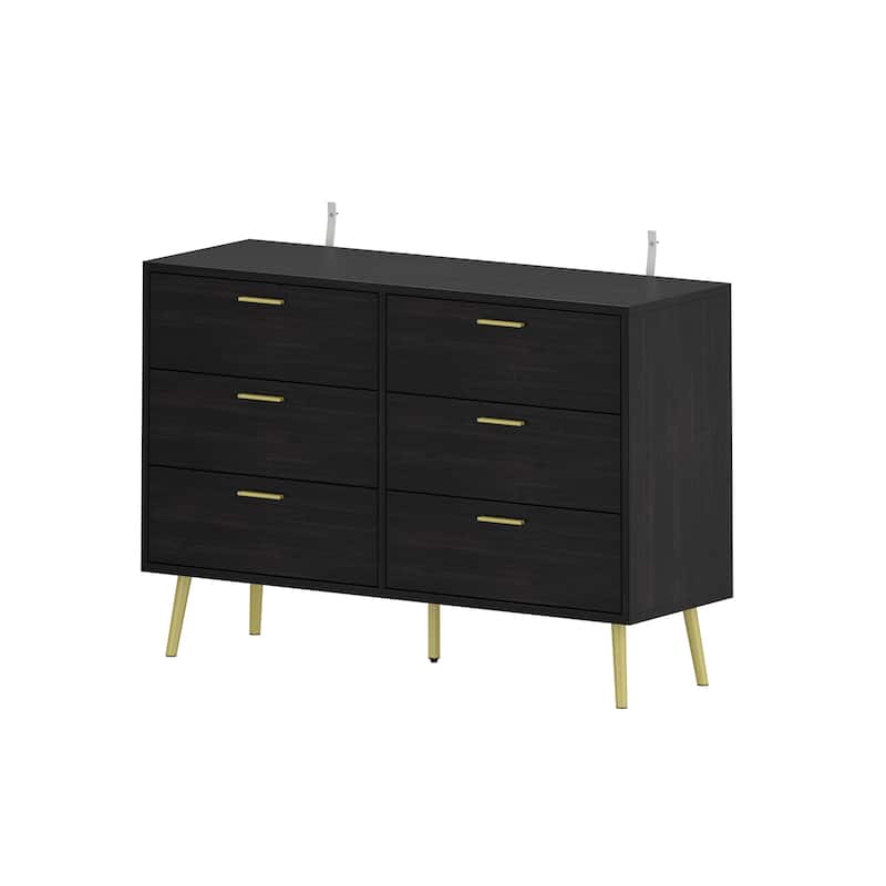 Modern 6-Drawer Dresser with Gold Legs and Handles, 47.2" Wide Mid-Century Bedroom Dresser Chest