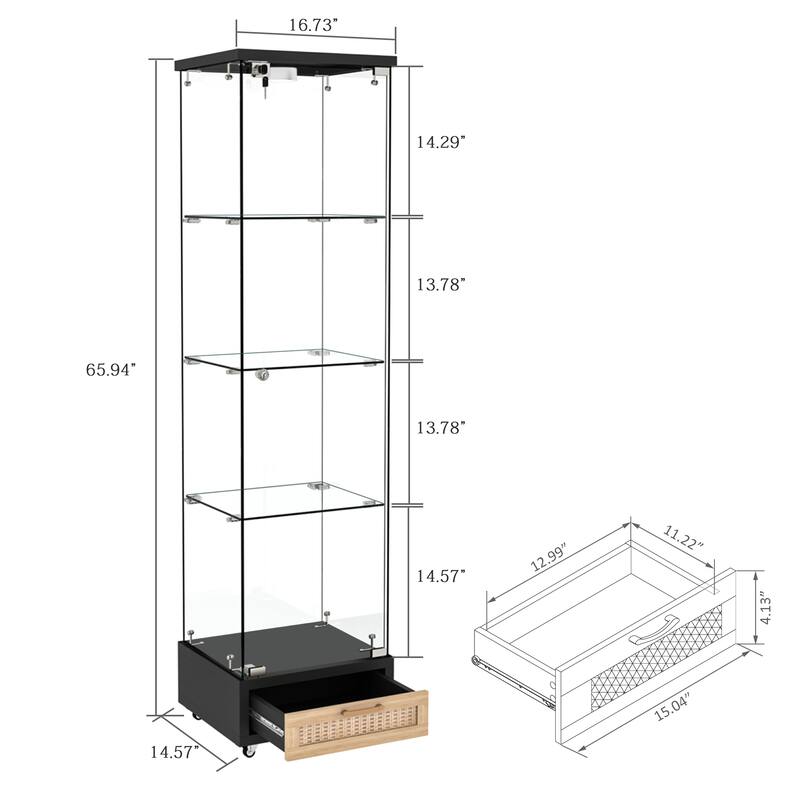 Glass Display Cabinet With Drawer,Cabinet With Led Lights,Tempered Glass Bookshelf, 1-Door Storage Case With 4 Shelves