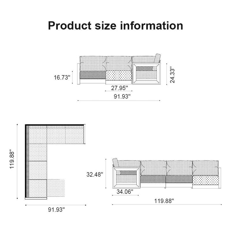 PURPLE LEAF Caesar U-Shaped Grey Outdoor Couch with 9.6" Thick for Yard Porch Deck Patio Conversation Sets